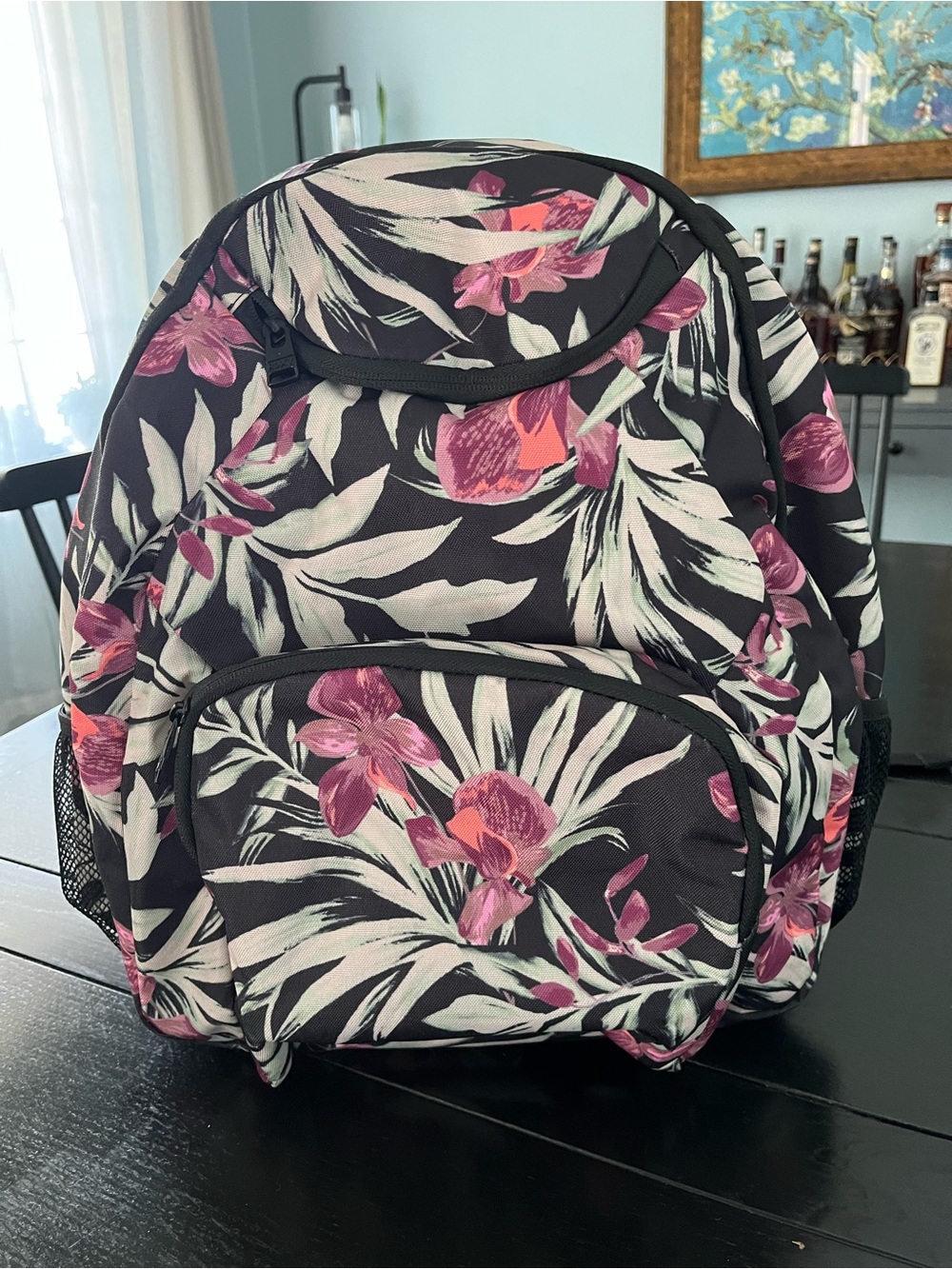 Roxy Black Backpack with Pink Floral Print